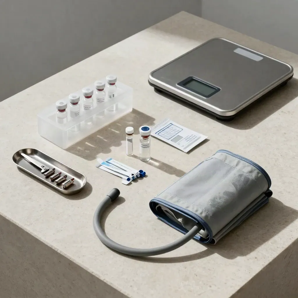 Overhead clinic still life with cuff, vial rack, lancet tray, glucose strips, and scale on pale stone.