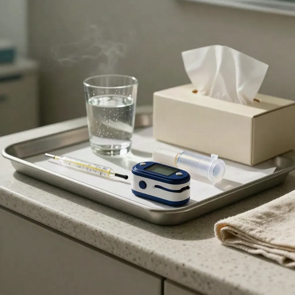 Pulse oximeter, inhaler spacer, thermometer, water and tissues on a travertine clinic counter.