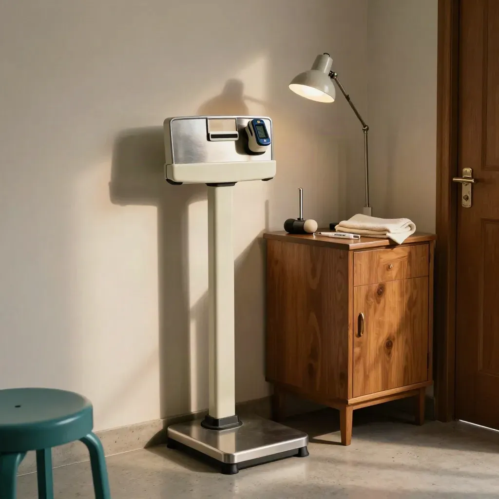 Annual checkup tools in a clinic corner: scale, pulse oximeter, reflex hammer, thermometer, exam lamp.