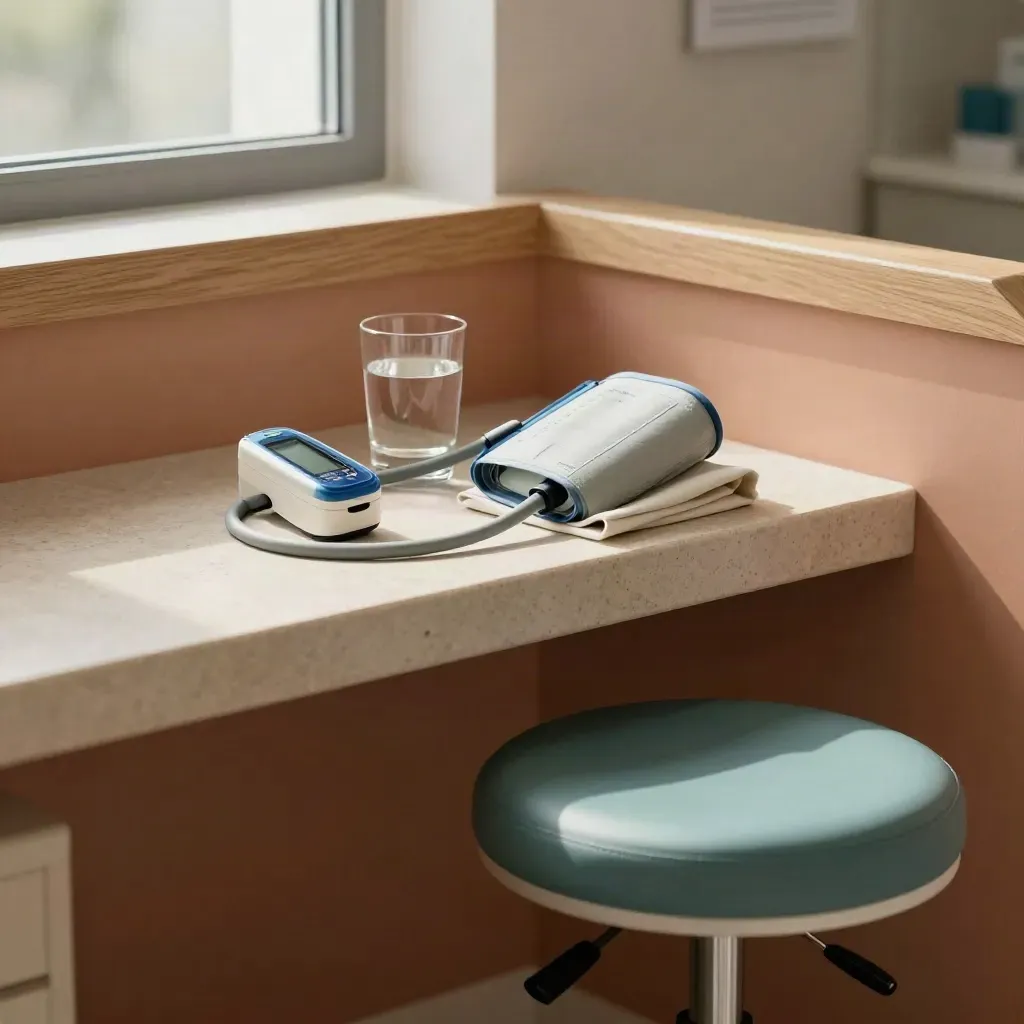 Quiet follow-up care setup with cuff, oximeter, blanket, water glass and teal exam stool
