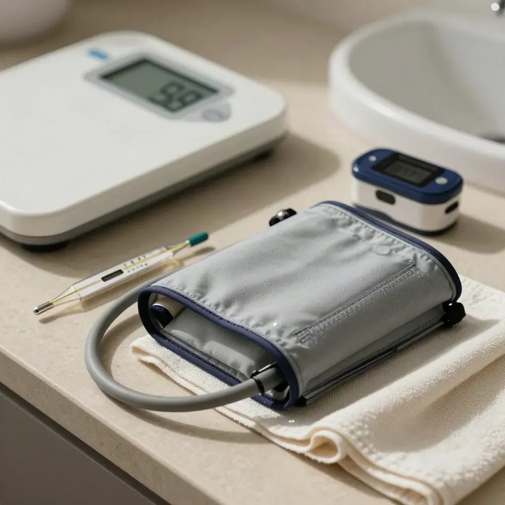 Macro of a reset medical vitals station with cuff, thermometer, oximeter, scale and sink edge.