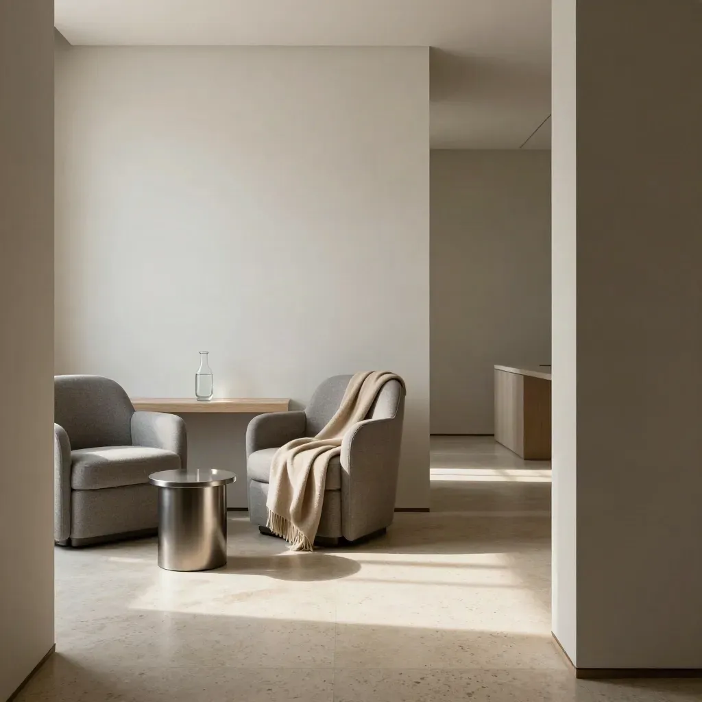 Empty consult room with two chairs, stool, blanket and water carafe in late-afternoon light