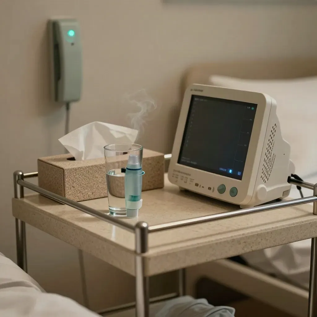 Quiet symptom follow-up room with spacer, water, tissues, monitor and call light.