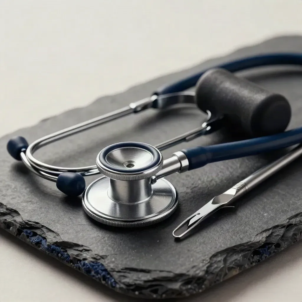 Macro of stethoscope, reflex hammer, penlight, tuning fork and tongue depressor holder on dark stone