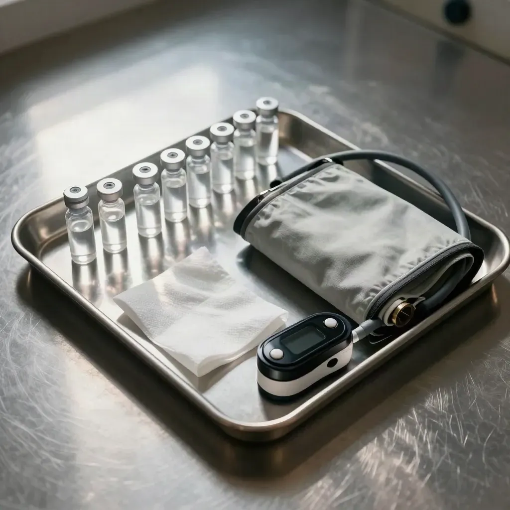Top-down screening tray with vials, cuff and pulse oximeter on stainless steel.
