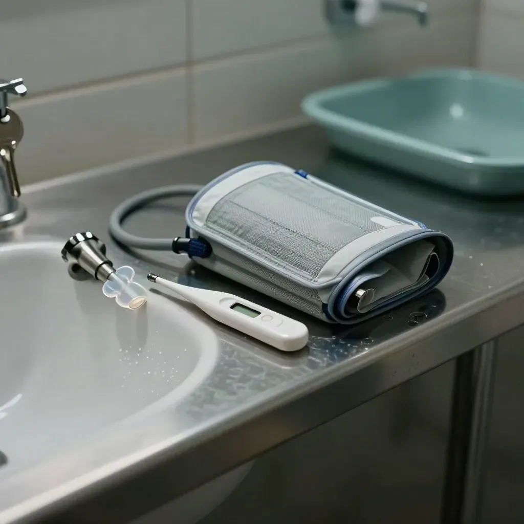 Clinical tools on a brushed steel sink ledge, lit dramatically with cool moisture and teal accents.