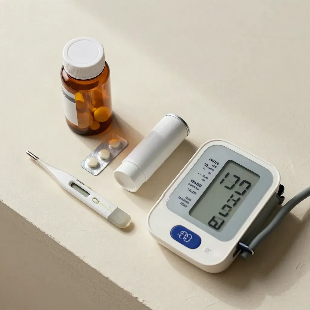Amber medication bottles, blister pack, inhaler, thermometer case and blood pressure monitor on pale plaster.