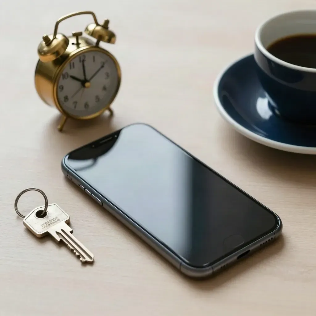 Silent smartphone, brass clock, house key and cream cup on pale wood with soft side light.