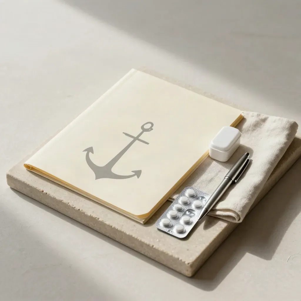 Cream medical folder, pill strip, pillbox and pen cap on a stone tray.