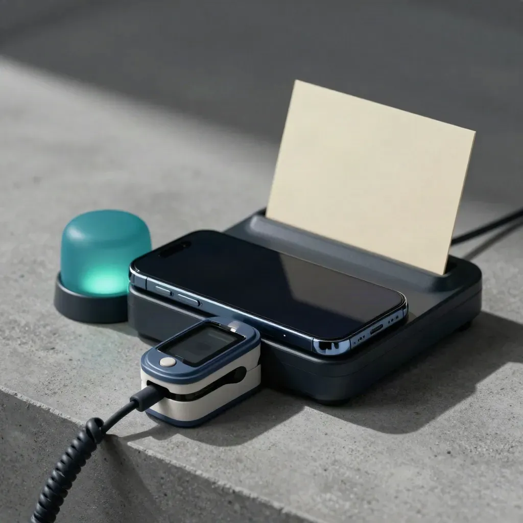 Smartphone charging beside phone base, memo light and pulse oximeter on concrete