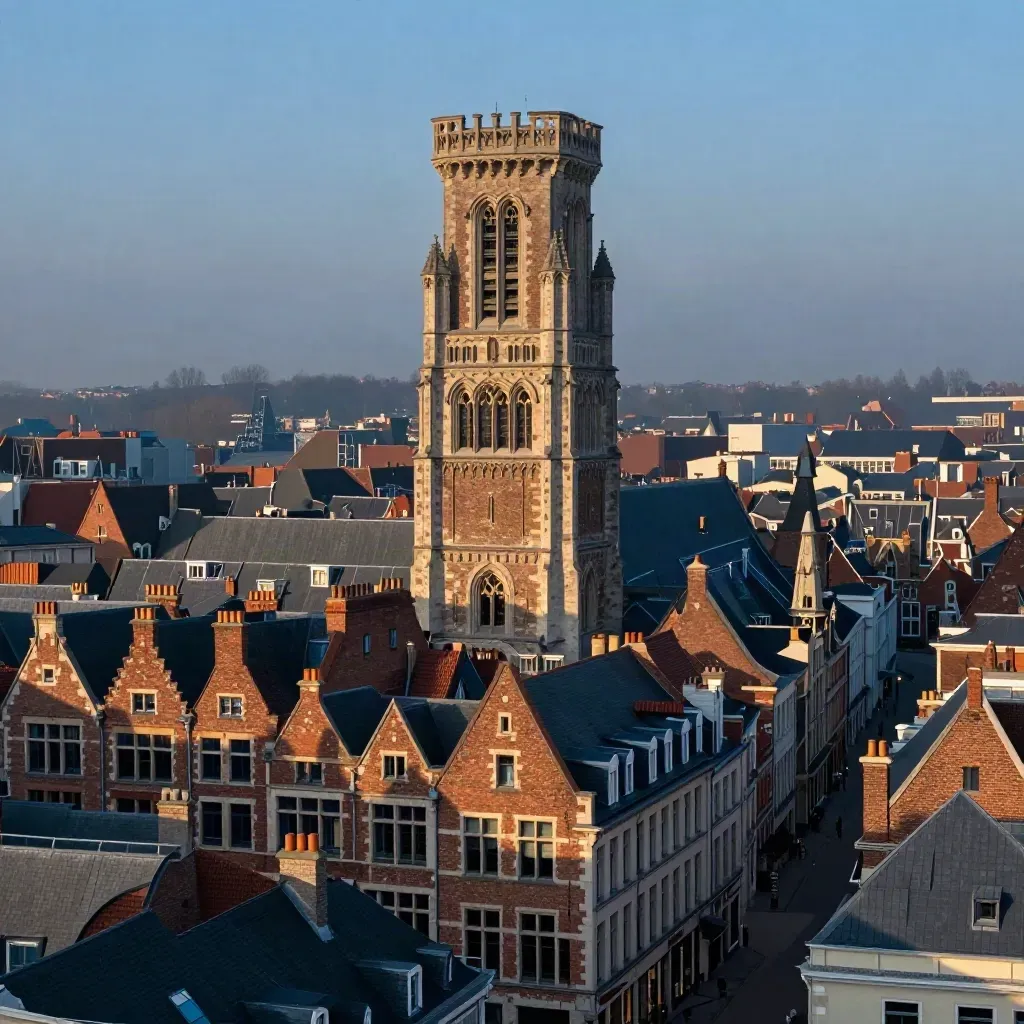 Leuven library tower above brick rooftops in blue-hour haze