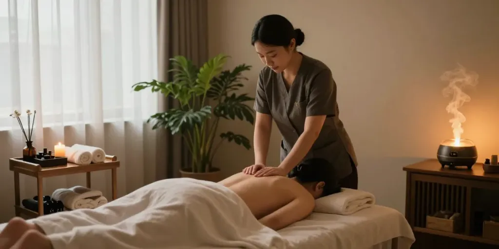 Experience 강남출장안마 in a calming spa environment with a professional therapist soothing a client.